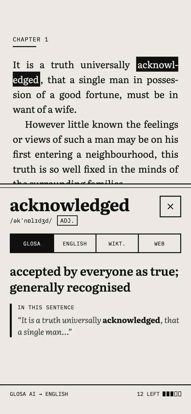 A page of Pride and Prejudice in Glosa, with “acknowledged” looked up and its meaning in this sentence