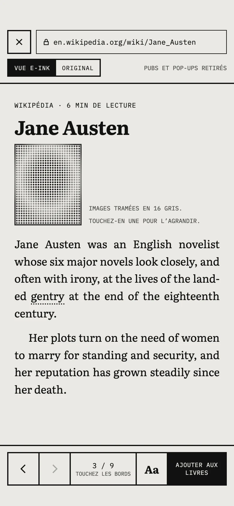 L'article de Wikipédia sur Jane Austen, ouvert en vue e-ink.