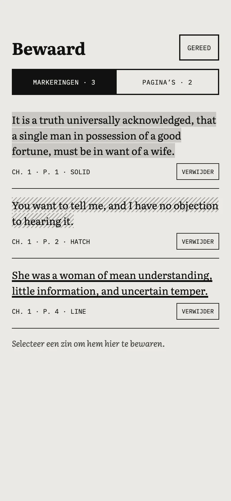 Bewaard, met drie markeringen in drie texturen.