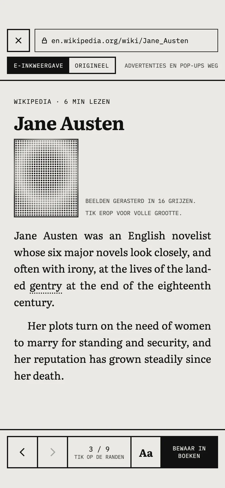 Het Wikipedia-artikel over Jane Austen, geopend in e-inkweergave.