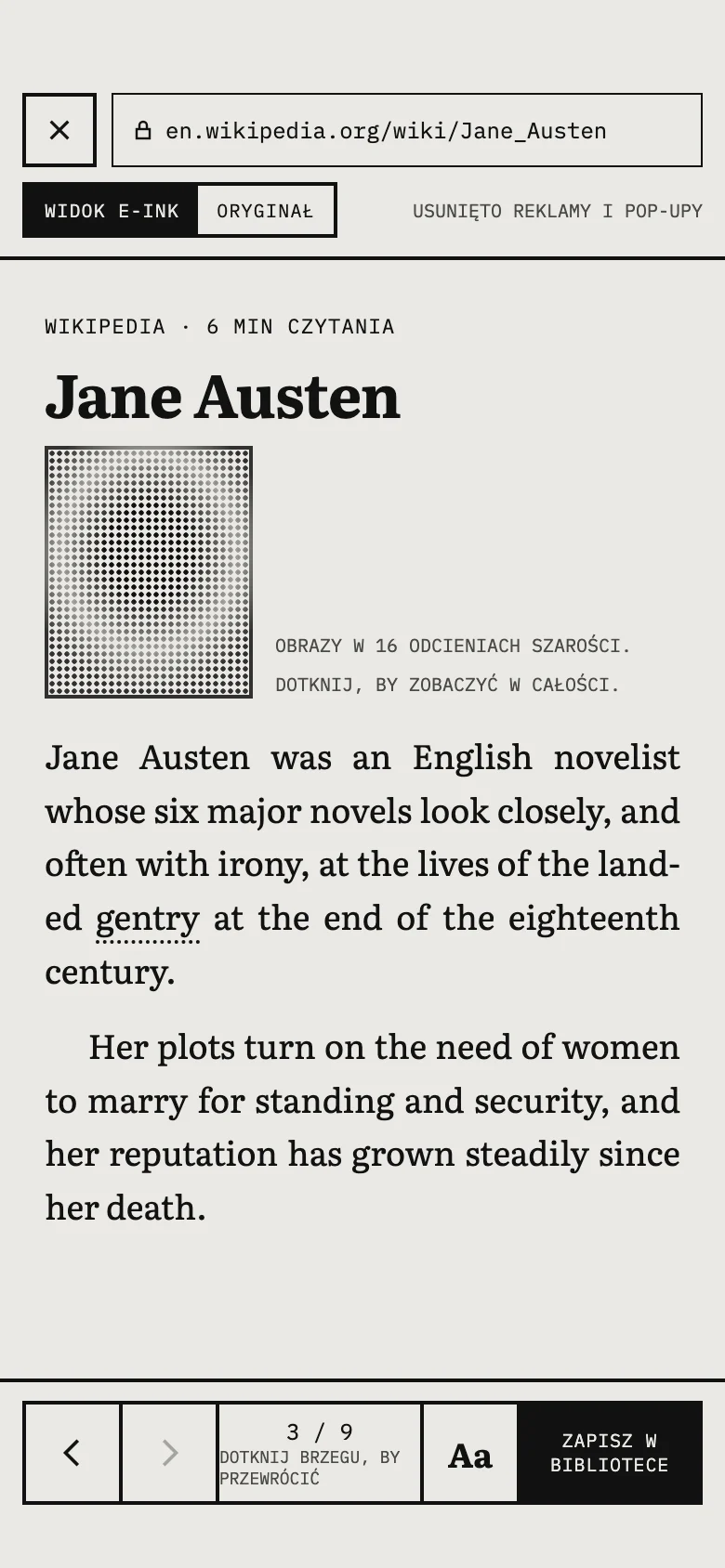 Artykuł z Wikipedii o Jane Austen, otwarty w widoku e-ink.