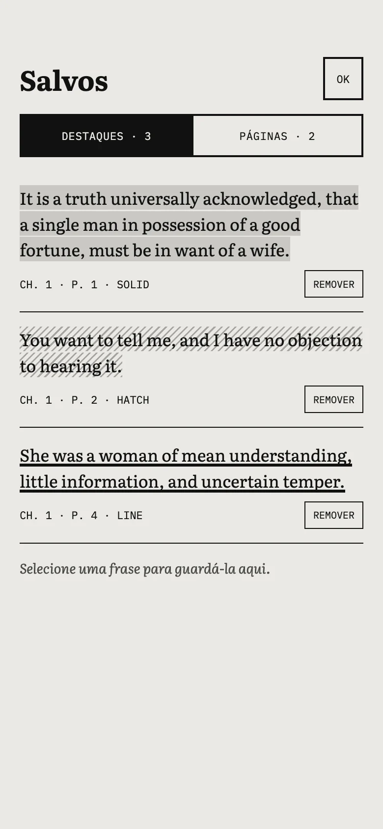 Salvos, com três destaques em três texturas.