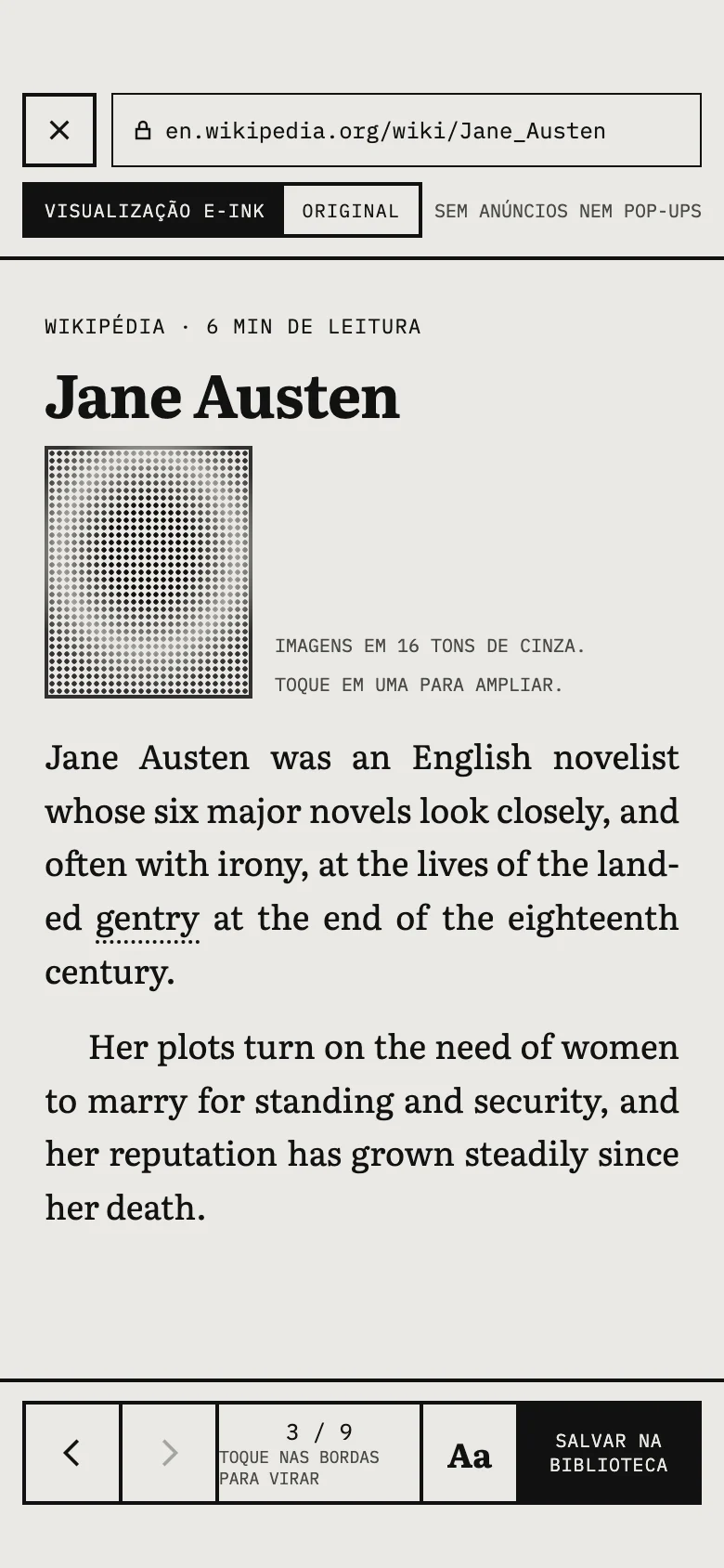 O artigo da Wikipédia sobre Jane Austen, aberto na visualização e-ink.
