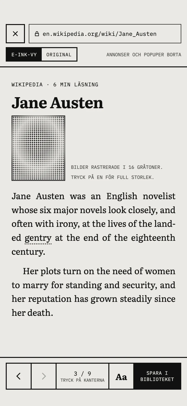 Wikipedias artikel om Jane Austen, öppnad i e-ink-vy.
