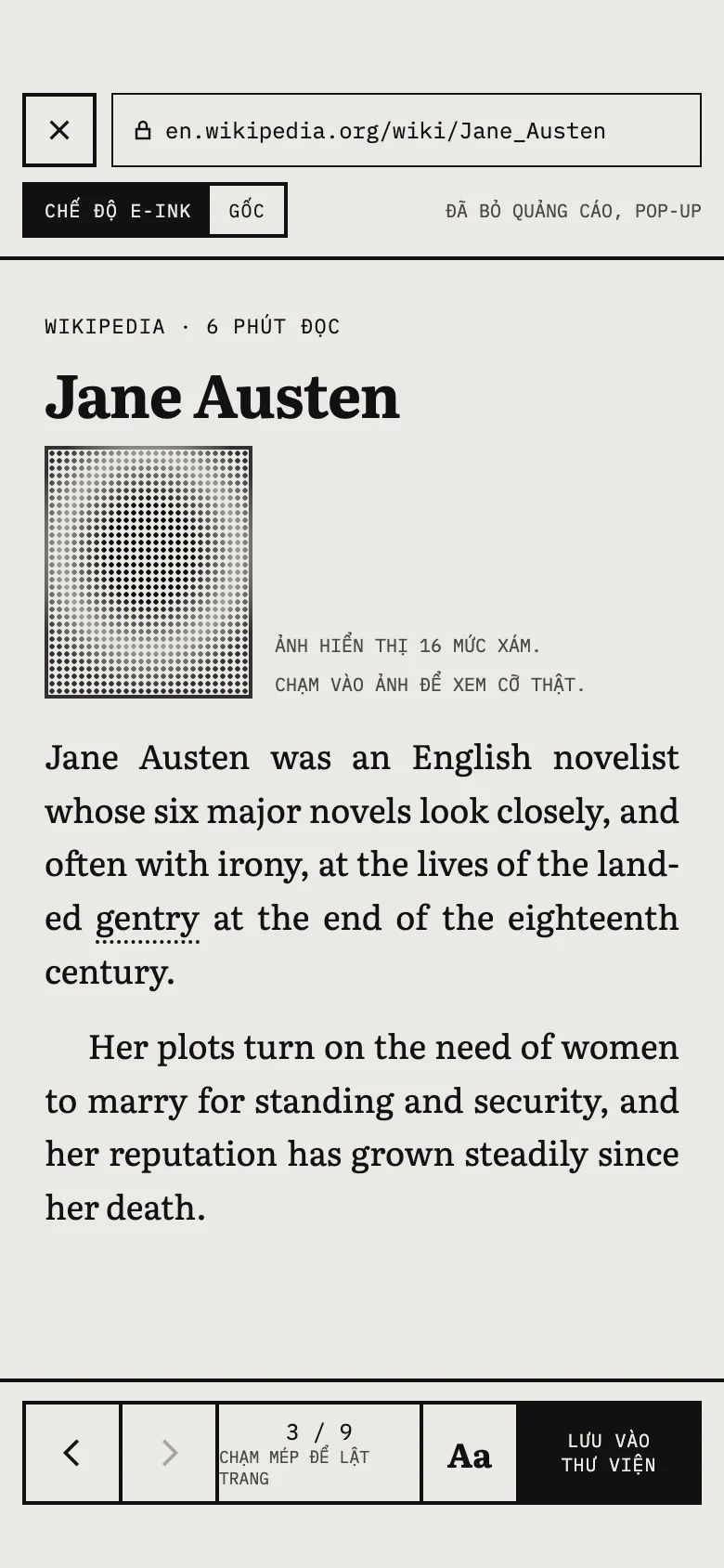 Bài Wikipedia về Jane Austen, mở ở Chế độ e-ink.